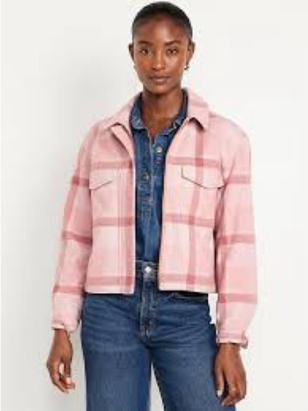 Old Navy Pink Plaid Shacket Jacket XS Petite Cozy Button Front grandmacore cozy